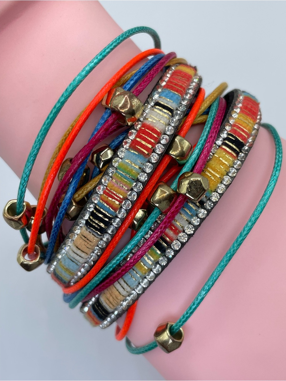 Gold Tone Multicolor Cord Beaded Rhinestone Boho Statement Bracelet